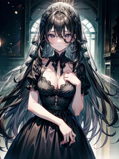 whole body, sickly ghost girl, black dress, face veil, absurdres, extremely delicate and beautiful, masterpiece, Best Quality, ultra high resolution, 32k, ultra-detailed description, tearful mole, earring, Colossal tits, short medium wavy hair,