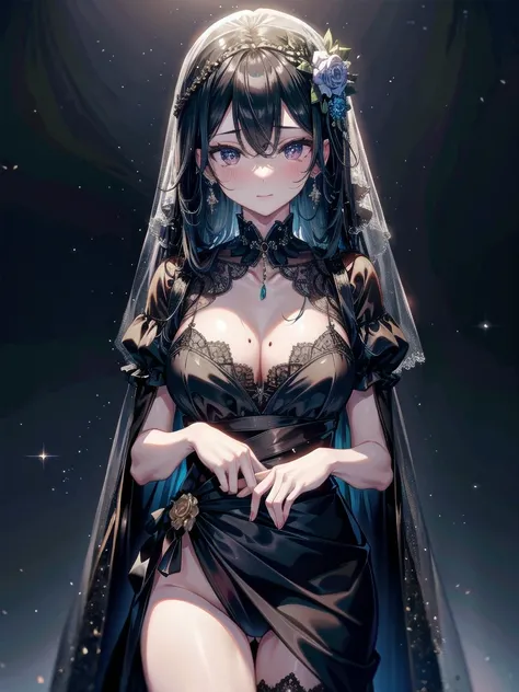 whole body, apparition, black dress, face veil, absurdres, extremely delicate and beautiful, masterpiece, Best Quality, ultra high resolution, 32k, ultra-detailed description, tearful mole, earring, Colossal tits, short medium wavy hair,