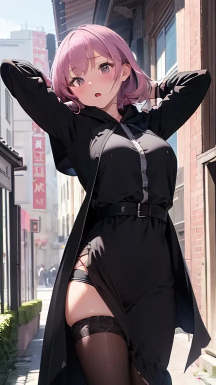 masterpiece、highest quality、Very detailed、Photograph the upper body、1 female、(Put your arms behind your back:1.4)、Are standing、Turn your body forward、View your viewers、(black-cloak)、break,blush、shy、Pink Hair、Open your mouth、In town、Big Breasts、