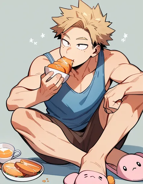 One boy, male focus, brown and blond hair, boku no hero academia, masterpiece, best quality, very aesthetic, blue tank top, brown short, bunny slippers, full body illustration, eating breakfast.