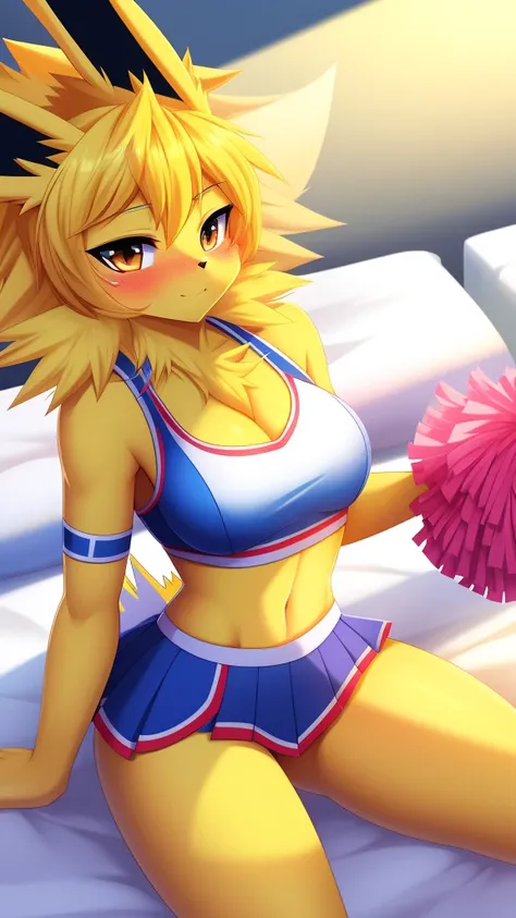 Jolteon,furry,Bust 87,Waist 57,Thigh 86,Good resolution,on the bed,Cheerleading uniform,Good light and shadow details,shade,sexy body,blushing