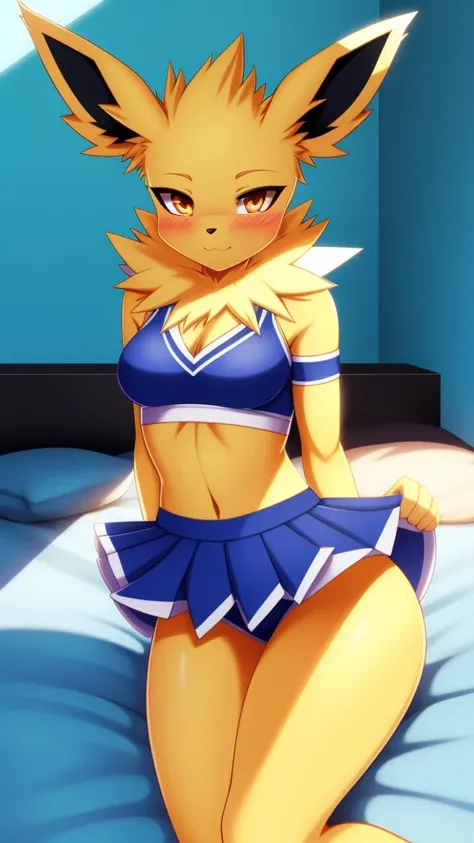 Jolteon,furry,Bust 87,Waist 57,Thigh 86,Good resolution,on the bed,Cheerleading uniform,Good light and shadow details,shade,sexy body,blushing