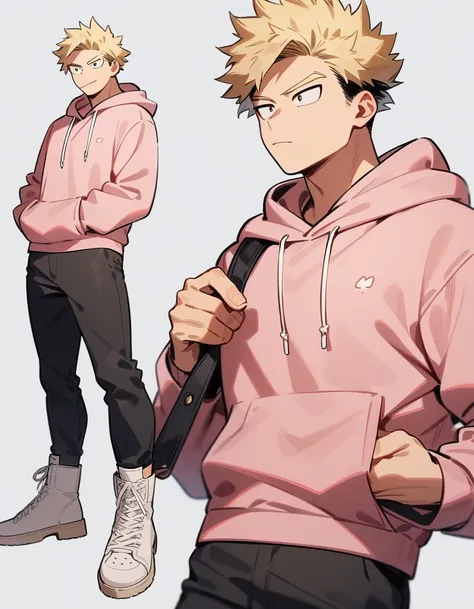 One boy, male focus, brown and blond hair, boku no hero academia, masterpiece, best quality, very aesthetic, pink hoodie, black jeans, white boots, full body illustration, posing for a photo.