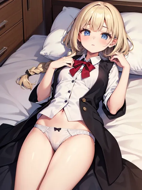 masterpiece, highest quality, Very detailed, 16k, Ultra-high resolution、One 14-year-old girl, Detailed face、Perfect Fingers, blue eyes, Blonde, Braid, White panties, White blouse, Black vest, Western-style room, futon, Lie on your back