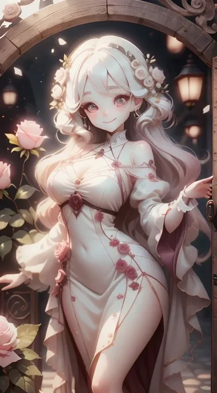 In front of the rose gate、Pink Dress、Large, clear eyes、high resolution、Ultra delicate、Looking this way and smiling、Beautiful face、Super Beauty、Slender body、White skin、Luxury dress、