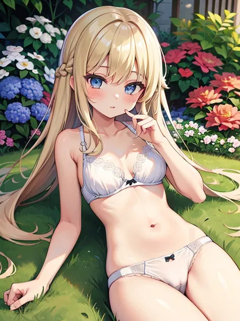 masterpiece, highest quality, Very detailed, 16k, Ultra-high resolution、One 12-year-old girl, Detailed face、Perfect Fingers, blue eyes, Blonde, Braid, White panties, White bra, garden, flower bed, grass, Lie down