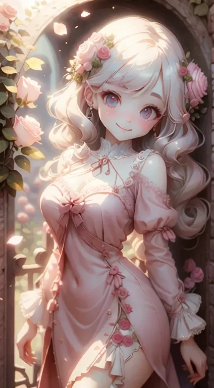 In front of the rose gate、Pink Dress、Large, clear eyes、high resolution、Ultra delicate、Looking this way and smiling、Beautiful face、Super Beauty、Slender body、Surrounded by roses、Luxury dress、High-grade fabrics、Surrounded by roses、In the sunshine



