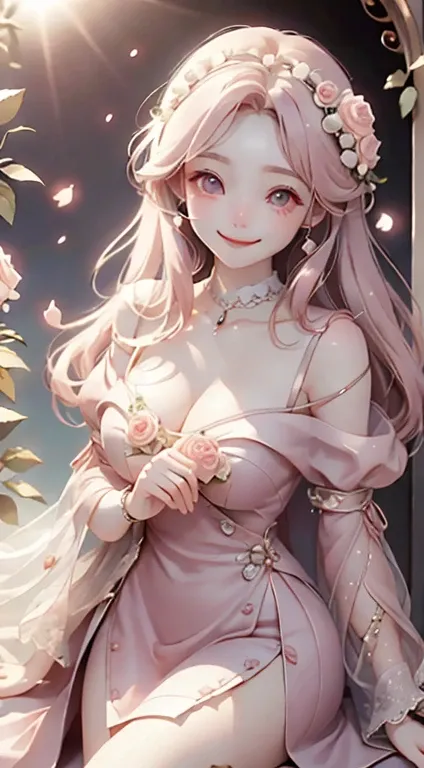 In front of the rose gate、Pink Dress、Large, clear eyes、high resolution、Ultra delicate、Looking this way and smiling、Beautiful face、Super Beauty、Slender body、Surrounded by roses、Luxury dress、High-grade fabrics、Surrounded by roses、In the sunshine