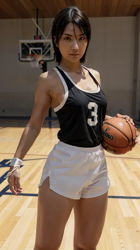 shizune, short hair, hairband, black eyes, beautiful, gorgeous woman, perfect body, perfect breasts, wearing a basketball jersey...