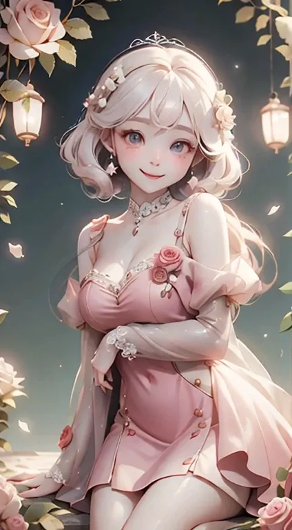 In front of the palace、Pink Dress、Large, clear eyes、high resolution、Ultra delicate、Looking this way and smiling、Beautiful face、Super Beauty、Slender body、Surrounded by roses、Luxury dress、High-grade fabrics、Surrounded by roses、In the sunshine