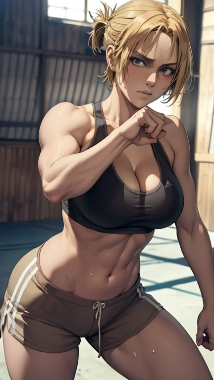 (best quality, masterpiece), Annie AOT,  solo , boxing, in ring, sports bra, big breasts, cleavage, shorts, sweat  looking_at_viewer