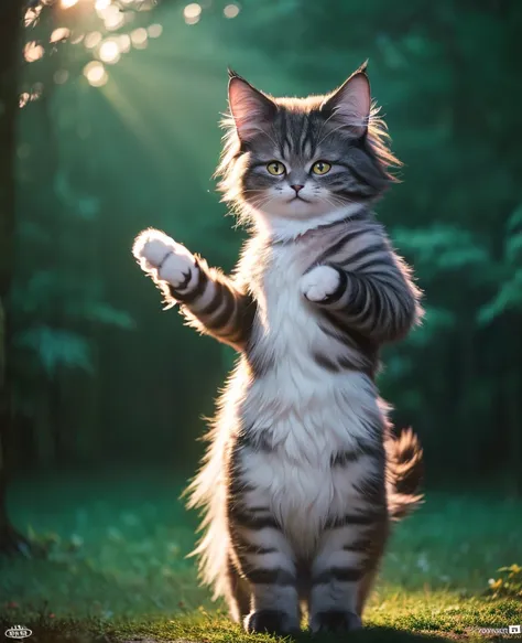 (best quality,4k,highres,masterpiece:1.2),ultra-detailed,(realistic,photorealistic,photo-realistic:1.37),fluffy,furry body,detailed fur,standing,fluffy tail,blushing,(:3),a hybrid of a girl and a cat,happy,dancing,movie lighting,strongly resembles, in the ...