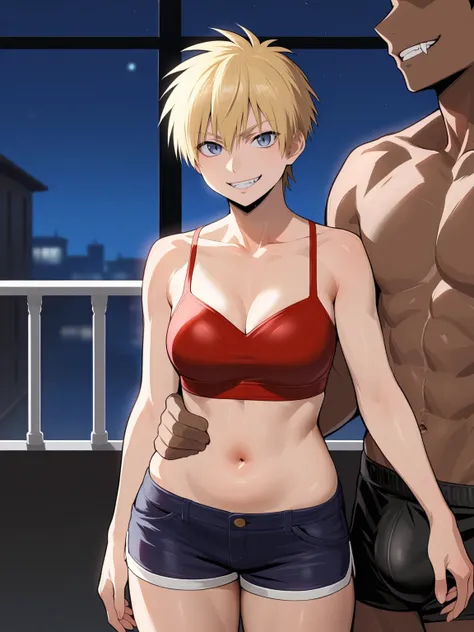 score_9, score_8_up, source_anime, standing, hellsing, seras, blonde hair, nude, indoors, night, night sky, nighttime, vampire, smirk, fangs, ikuchan, balcony, town background, clothed, male wearing shorts, muscular male, medium breasts, boyfriend, couple,...