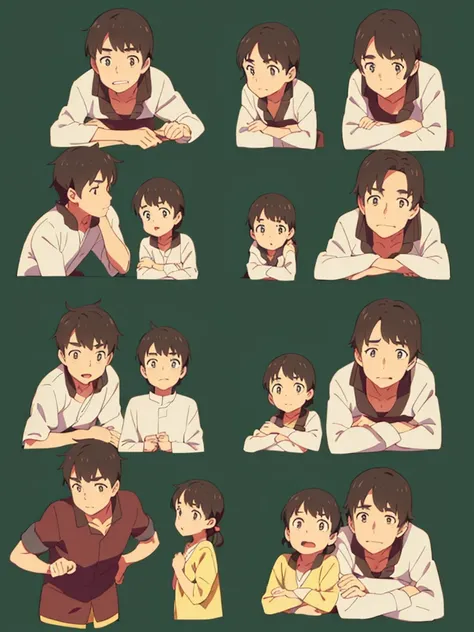 cute guy, character seet, Multiple pose and expressions, different angles, organizing, ghibli style, childrens book, many character,