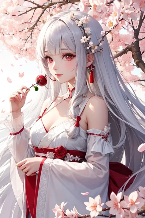 Long white hair, red eyes, woman, cute, beautiful, beauty, princess, cherry blossoms