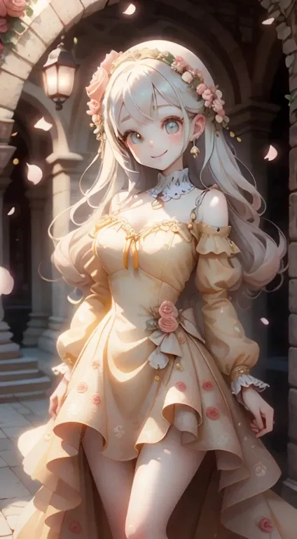 In front of the palace、Yellow dress、Large, clear eyes、high resolution、Ultra delicate、Looking this way and smiling、Beautiful face、Super Beauty、Slender body、Surrounded by roses、Luxury dress、High-grade fabrics、Surrounded by roses、In the sunshine