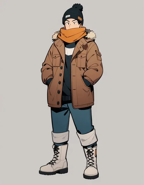 One boy, male focus, brown and blond hair, boku no hero academia, masterpiece, best quality, very aesthetic, winter clothes, scarf, beanie, white boots, full body illustration, standing front pose.