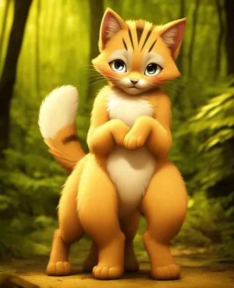 Dagashi, ( Hairy body) , (Realistic fur) , Are standing, Fluffy tail, blush, (:3), A cross between a boy and a cat, happy , Cinema Lighting ,4K, in the forest, cute　nude　Naked　Naked　Completely naked　sit down　Sit with your hands on the ground　On all fours　q...