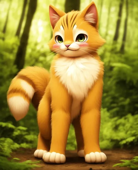 Dagashi, ( Hairy body) , (Realistic fur) , Are standing, Fluffy tail, blush, (:3), A cross between a boy and a cat, happy , Cinema Lighting ,4K, in the forest, cute　nude　Naked　Naked　Completely naked　sit down　Sit with your hands on the ground　On all fours　q...