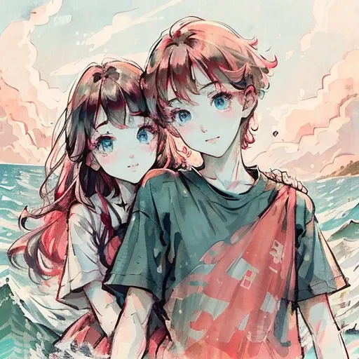 A red-haired girl with green eyes next to a blonde boy with blue eyes in the middle of the sea admiring a red but magical sky 