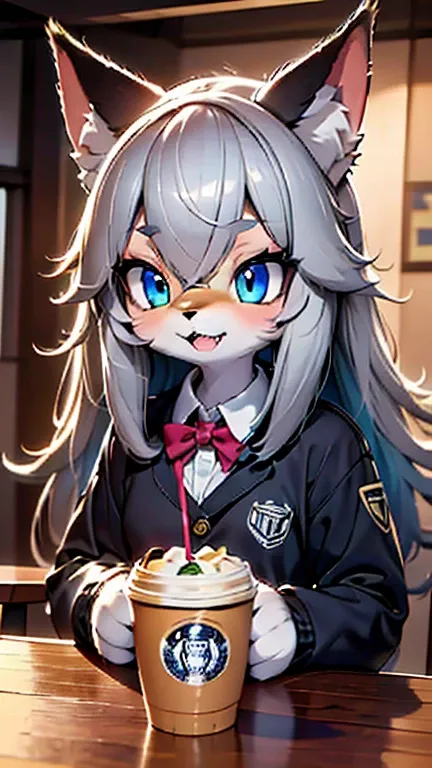 solo,1wolf female\(silver wolf,fluffy,cute,kawaii,age of 16,smile open mouth,sharp teeth,hair floating,hair color silver,long ha...