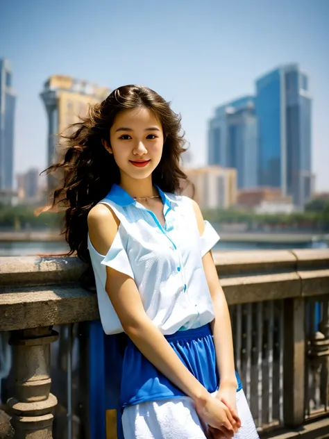 18-year-old player，Ultra HD resolution，8k，Realistic style，Sporty，Natural light，Jersey texture，cheer，Long hair，hale and hearty，whole body，White skin，Chinese Girl，Chinese Girl，long hair，In the city，High-rise buildings，很多High-rise buildings，Long legs，Smile，Bl...