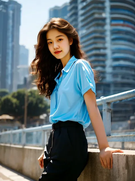 18-year-old player，Ultra HD resolution，8k，Realistic style，Sporty，Natural light，Jersey texture，cheer，Long hair，hale and hearty，whole body，White skin，Chinese Girl，Chinese Girl，long hair，In the city，High-rise buildings，很多High-rise buildings，Long legs，Smile，Bl...