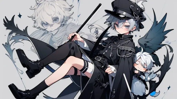 One boy, Shota, , Jersey, Shorts, light blue Jerseyー, Gray Hair, black eye, high quality, High resolution, black and white outfit shota prince cane luxury garter belt gothic lolita character design