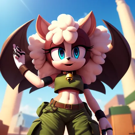 Lanolin the sheep, female anthro, high resolution, beautiful face, beautiful eyes, hyper detailed, Masterpiece, high quality, studio quality, intricate details, 8k, dynamic shot, HD, absurd res, digital media, ((yellow crop top, green cargo pants, bell col...