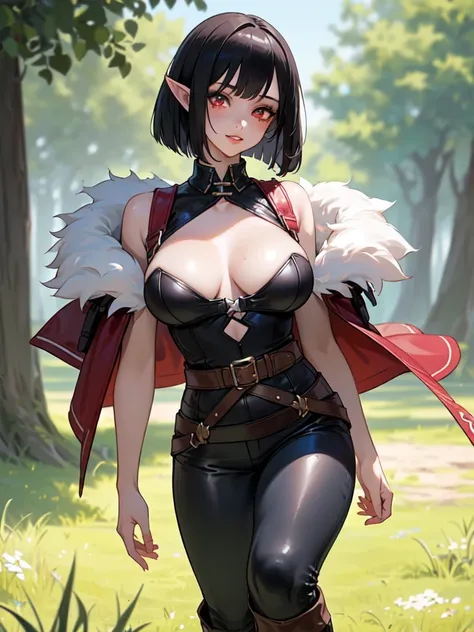 SFW (masterpiece, best quality, 32k) a teenage girl with medium black hair ((stark black hair, dark black hair, bangs, straight hair, bob, inverted bob, stylish bob)), ((pink eyes, ruby eyes, red eyes, brown eyes, bright eyes, beautiful eyes, detailed eyes...