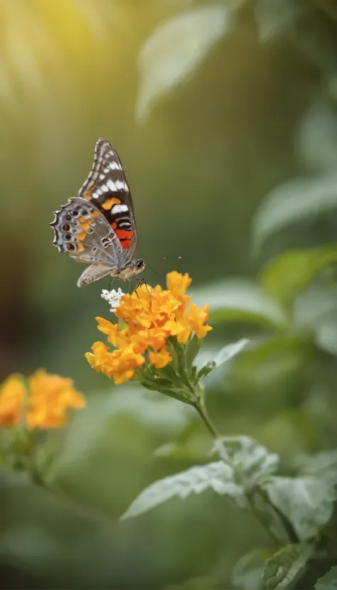 A bright rainbow-colored butterfly with intricately patterned wings、Flying gracefully through the lush gardens in front of a quaint home。Its wings are spread to an impressive width、Each shade blends perfectly into the next。