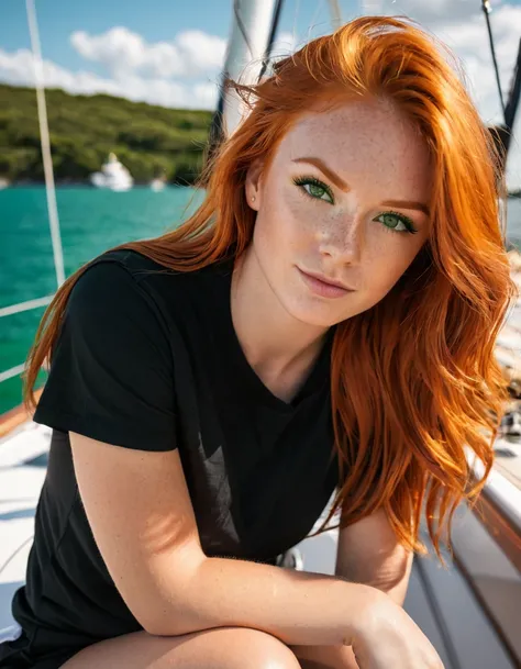 Make a Girl with ginger coloured hair with a black t shirt sitting on a yacht (green eyes)