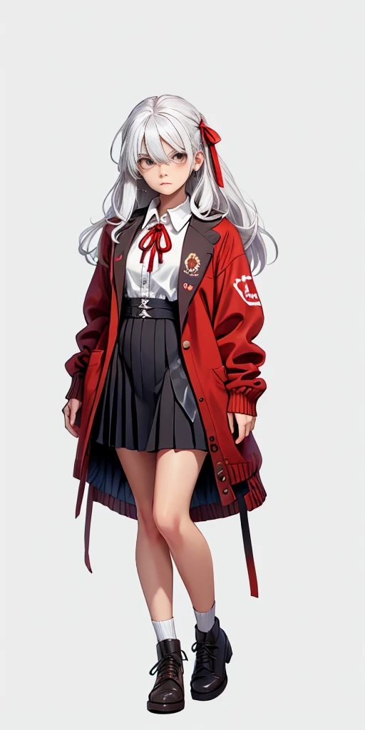 ((casual-style)), 1girl, solo, white hair, shirt, red ribbon, ribbon, looking at viewer, long hair, full body, white eyes, white shirt, grey eyes, hair between eyes, neck ribbon, collared shirt, cardigan, closed mouth, expressionless, jacket, simple backgr...