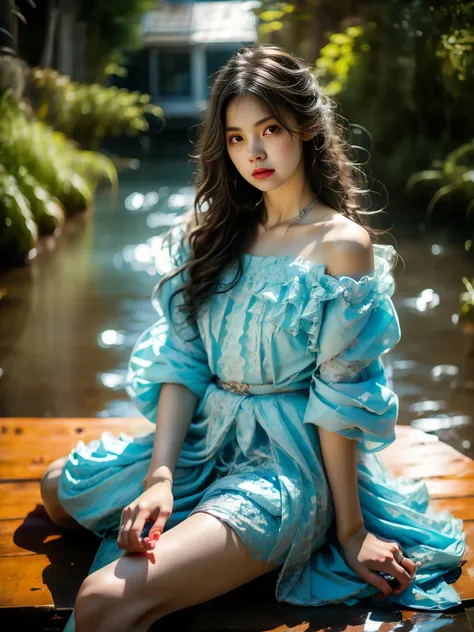 girl sitting on newspaper，Style is light silver and dark blue，synchronized，Kawaii，blink-and-you-miss-it detail，dark cyan and light crimson，Wave，Subtle tones，(Knee Shot:1.5)，masterpiece，best quality，high resolution，8K，original photo，real picture，Digital Pho...