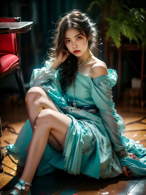 girl sitting on newspaper，Style is light silver and dark blue，synchronized，Kawaii，blink-and-you-miss-it detail，dark cyan and light crimson，Wave，Subtle tones，(Knee Shot:1.5)，masterpiece，best quality，high resolution，8K，original photo，real picture，Digital Pho...