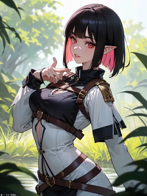 SFW (masterpiece, best quality, 32k) a teenage girl with medium black hair ((stark black hair, dark black hair, bangs, straight hair, bob, inverted bob, stylish bob)), ((pink eyes, ruby eyes, red eyes, brown eyes, bright eyes, beautiful eyes, detailed eyes...