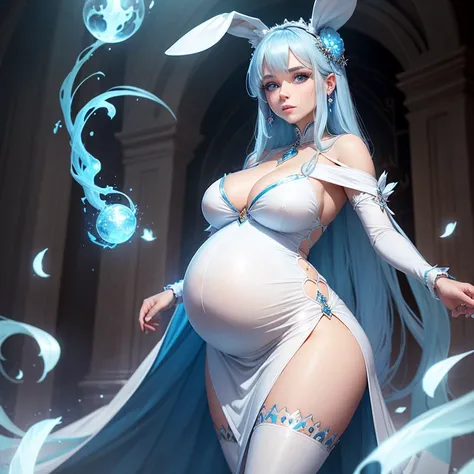 Beautiful pregnant female sorceress, elegant formal detailed and tight white dress with blue details, blue gems, mature, bunny ears, sky blue hair, piercing blue eyes