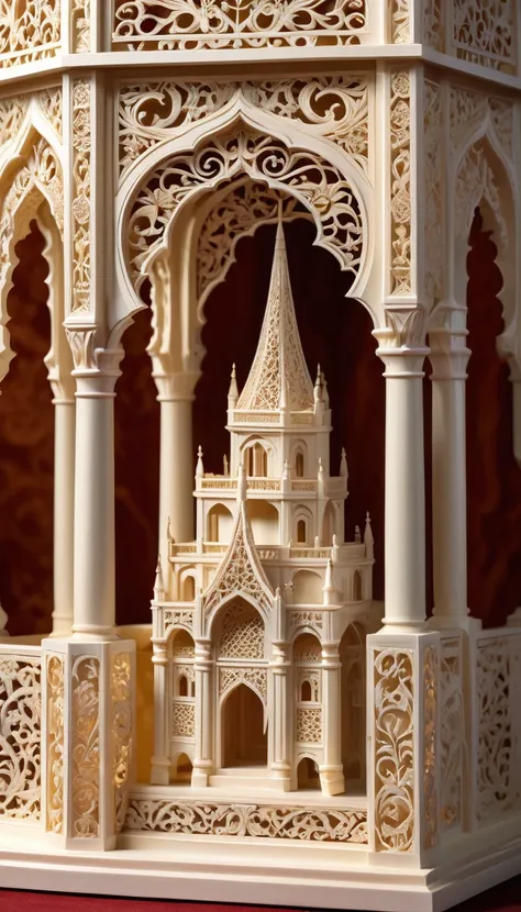 Carving a hollow exquisite tower on ivory, (a beautifully carved),(detailed with delicate filigree designs, exquisite craftsmanship),(best quality, highres),(realistic lighting and shadows, soft diffused light),(vivid colors, warm tones),(fine textures),(d...