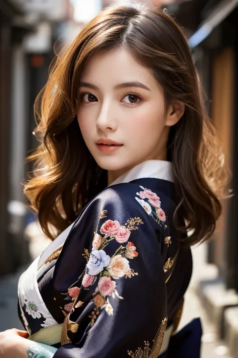 （highest quality，High resolution，masterpiece：1.3），Tall and beautiful woman，frontage，Loosely wavy dark brown hair，kimono,　kimono，Dark Alley，Beautifully expresses the fine details of the face and skin texture，Attractive eyes，double eyelid