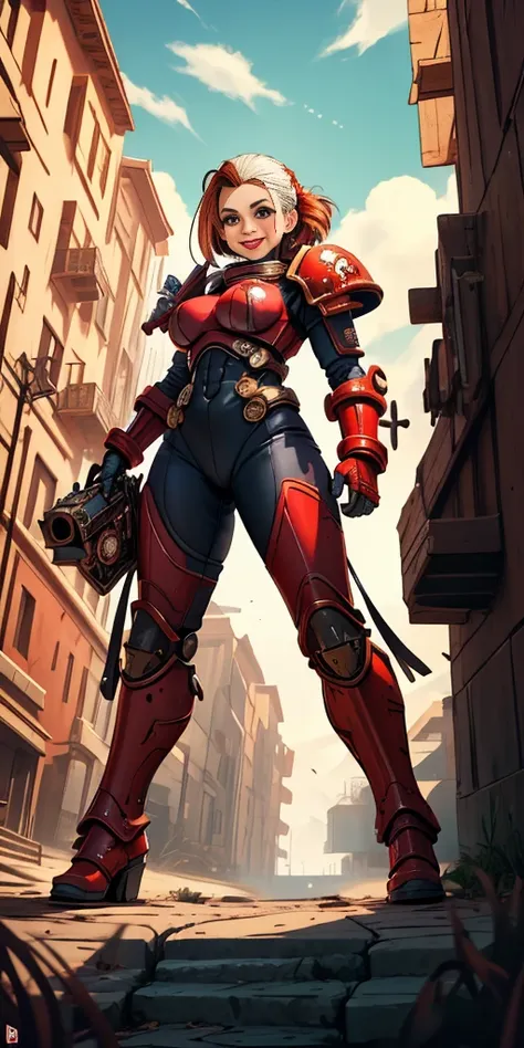 (masterpiece, best quality, 4k, 1girlsolo, 1MILF, mmplatz, smile, red cheeks, plain background:1.2), perfect face, perfect lighting, mature whsororitas with gloves red gauntlets in her hands like Cammy White from Street Fighter, bob white hair, warhammer 4...