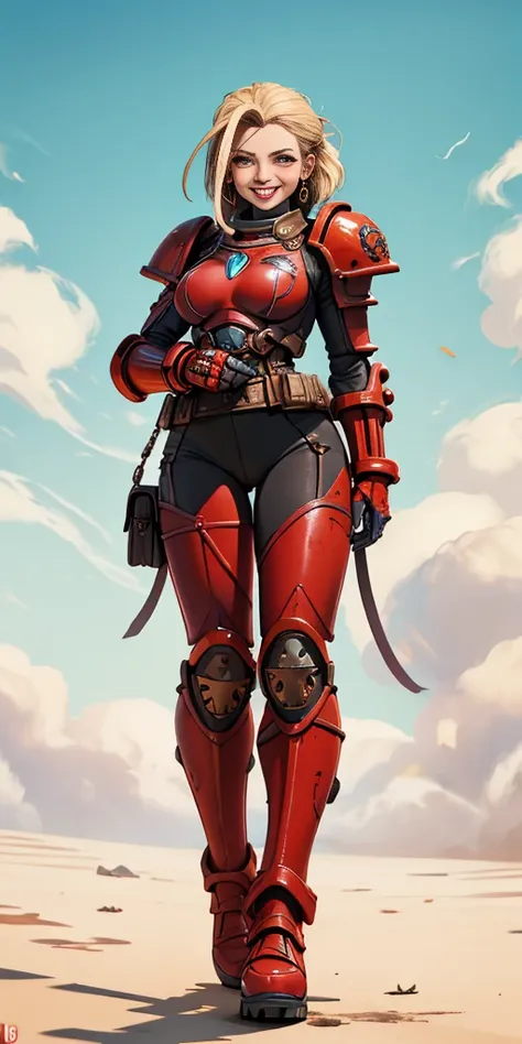 (masterpiece, best quality, 4k, 1girlsolo, 1MILF, mmplatz, smile, red cheeks, plain background:1.2), perfect face, perfect lighting, mature whsororitas with gloves red gauntlets in her hands like Cammy White from Street Fighter, bob white hair, warhammer 4...