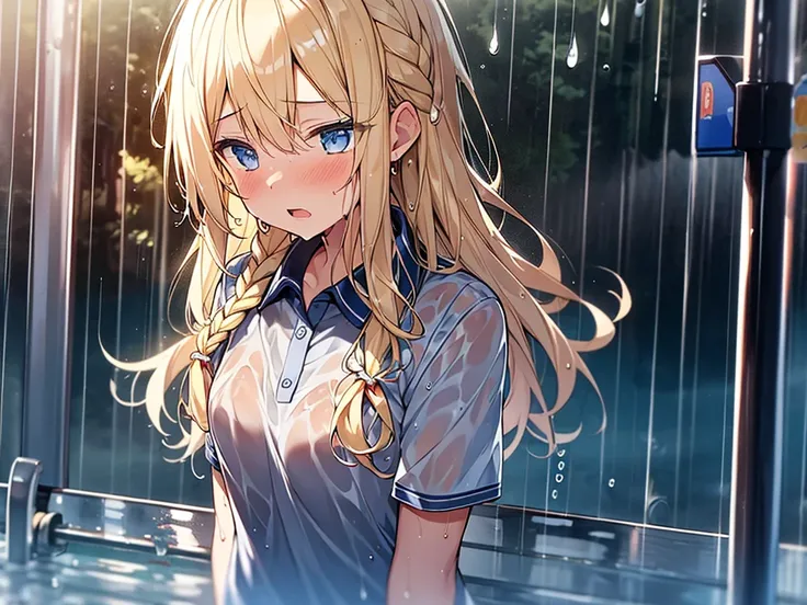 Top quality, (1 beautiful girl), junior high school student, Blonde, Braided hair, Medium Hair, (wet Hair), standard weight, polo shirt, (wet), worried with an open mouth, standing, rainy, beautiful scene of small bus stop, water drops, Long shot
