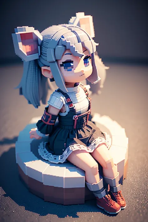 (voxels:1.3),(3d big pixel art),(3d pixel art),large pixels,solo,1female(chibi,cute,kawaii,age of 5,small kid,gray hair,hair floating,twin tails hair,white skin,tunned skin,ripped clothes,gray printed dress,red eyes,big eyes,mouse ear,mouse tail,breast,smi...