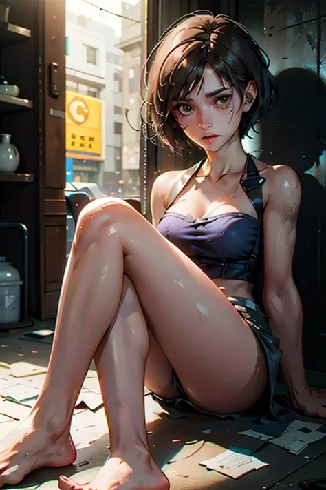 (masterpiece, highest quality), Jill Valentine RE, 1 girl, alone, short hair, brown hair, Blue tube top, No sleeve, bare shoulders, mini skirt, black mini skirt, beautiful feet, barefoot, bent legs, sitting on the floor, looking at the viewer,