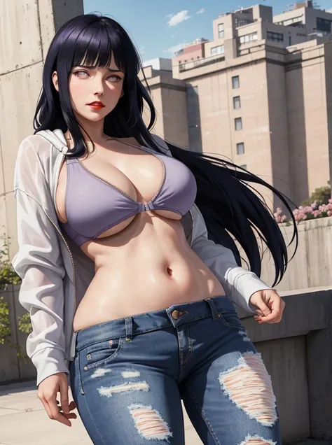 masterpiece, absurdres, hinata(boruto), 1girl, solo, mature female, purple hoodie zipper off, spot bra in transparent net style revealing, exposed stomach, super short jeans half thigh, exposed thighs, outdoors, lavender flower field, looking at viewer, (f...