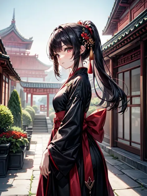 Anime girl in a red and black dress with red flowers in her hair, artwork in the style of Gouvez, Gouvez, Chinese, trending on cgstation, cute anime waifu in a beautiful dress, Gouvez on pixiv artstation, palace ， girl from Hanfu, beautiful digital images,...