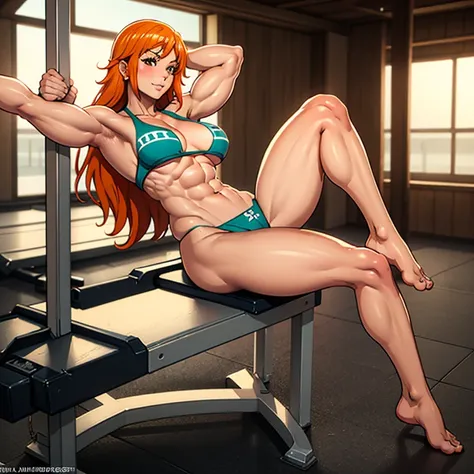 Nami, feminine young woman with muscular body, Muscular biceps, muscular chest, muscular legs, barefoot, sixpack, abs, Macht Bodybuilding im Fitnessstudio , sexy posiert, Full body image, big muscles