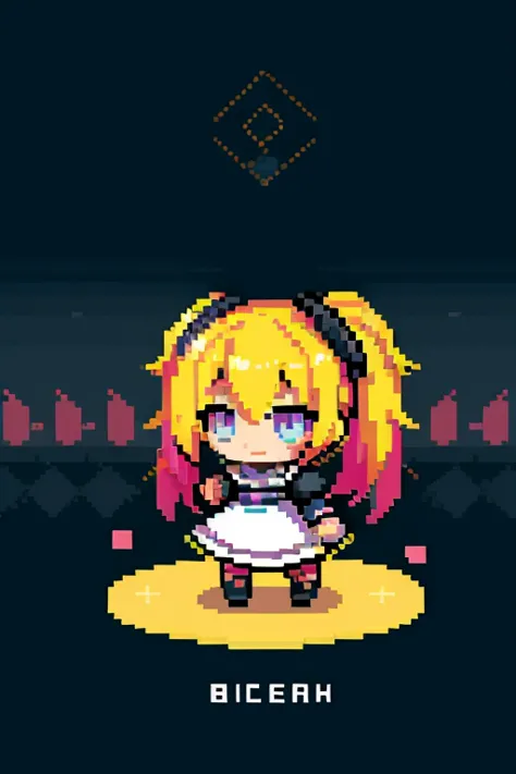 (pixel),(isometric view:1.4),solo,1girl\(cute, kawaii,small kid,smile,hair floating,hair color half black and half white,pigtail...