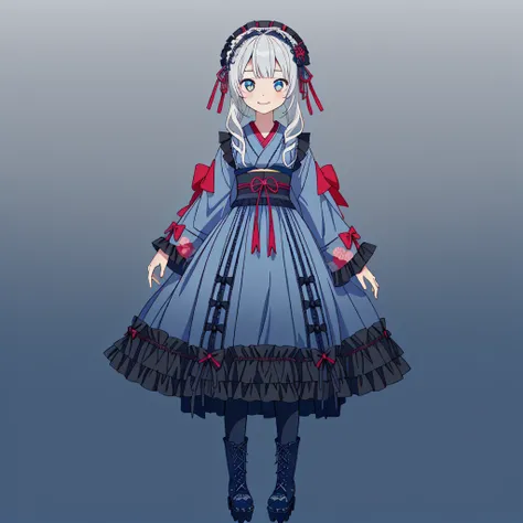 (((highest quality、Very detailedな、masterpiece、Very detailed)))、Milky white straight long hair with a blue gradation inner color、Medium Hair、((Kimono dark blue)) (Gothic Lolita:1.2)、one person、Town、Day々Crop、Full Shot,Lace-up boots,Big eyes,Smile
