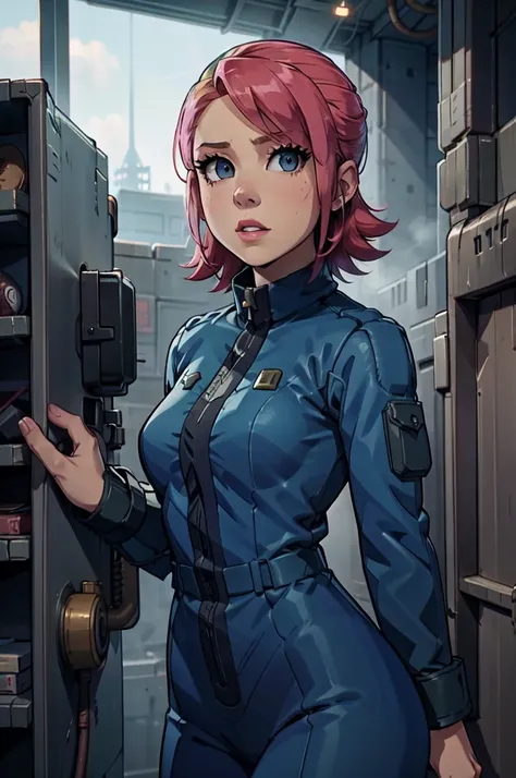 mayl sakurai reimagined as a vault dweller, doing maintenance in an underground vault. her vibrant pink hair stands out against ...